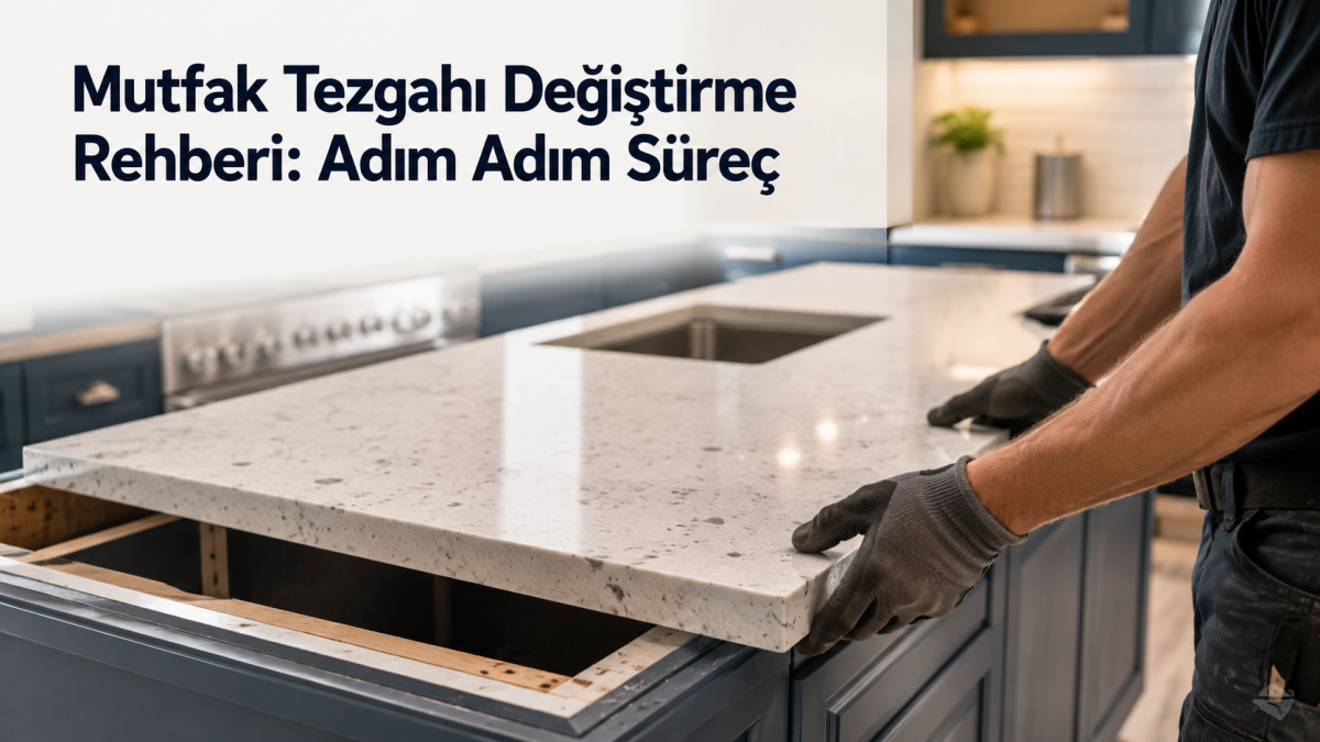 Mutfak tezgahı değiştirme sürecinde yeni bir çimstone tezgahın montajı