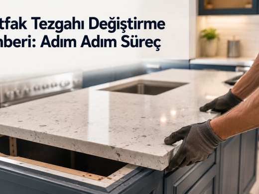 Mutfak tezgahı değiştirme sürecinde yeni bir çimstone tezgahın montajı