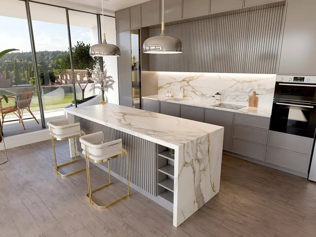 Çimstone 2081 Calacatta Anka kuvars tezgah uygulaması