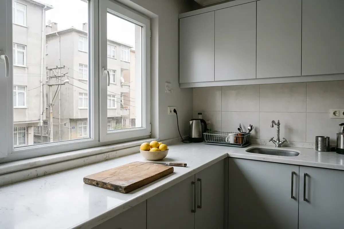 Çimstone tezgah nedir sorusuna örnek: beyaz zeminli gri damarlı kuvars tezgahlı apartman mutfağı