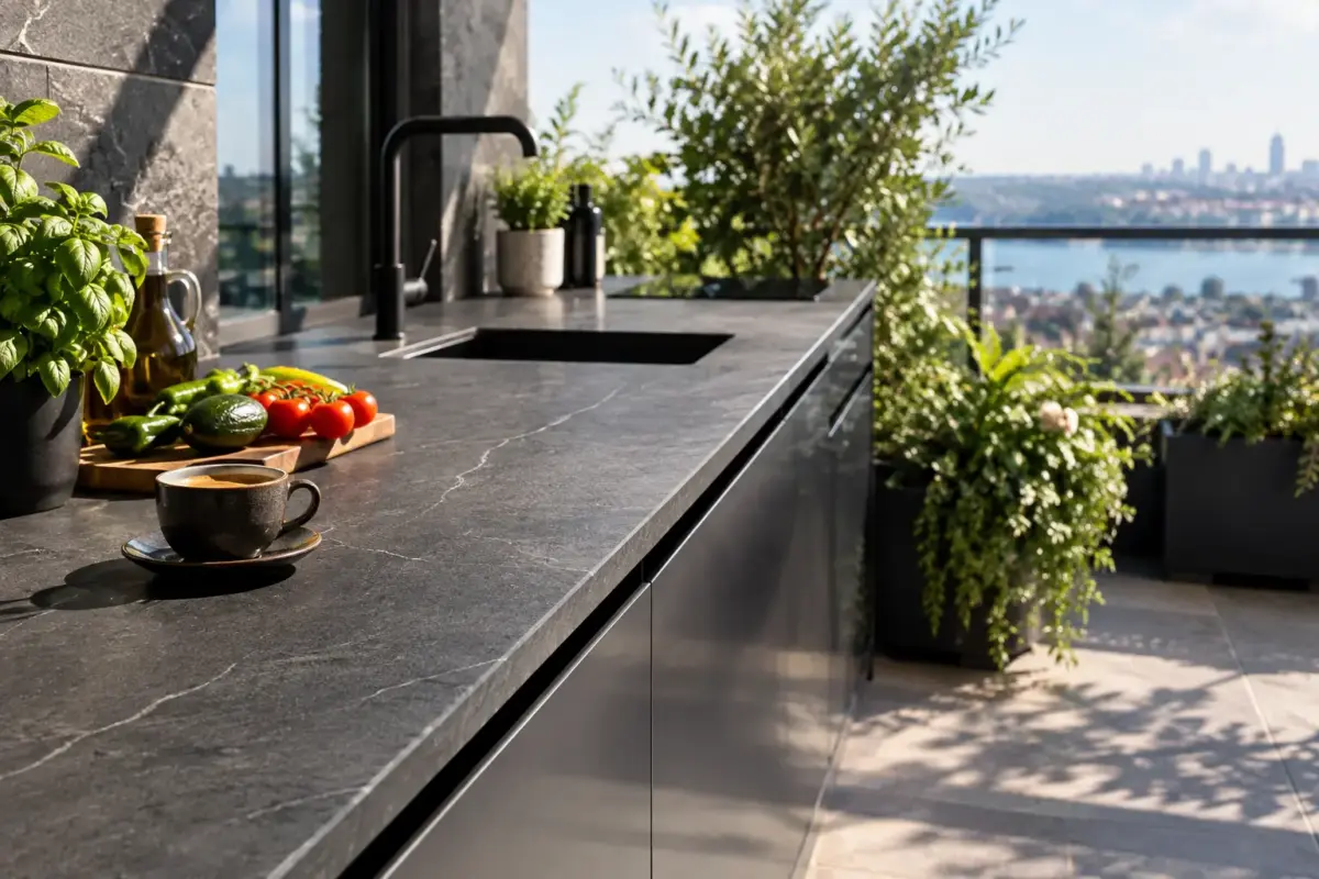Güneş alan balkon mutfağında koyu gri, dokulu sinterlenmiş taş tezgah