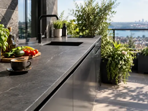 Güneş alan balkon mutfağında koyu gri, dokulu sinterlenmiş taş tezgah